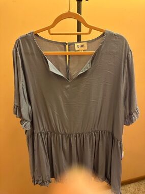 BiBi Dusty Blue Ruffle-Sleeve Peplum Blouse